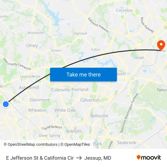 E Jefferson St & California Cir to Jessup, MD map