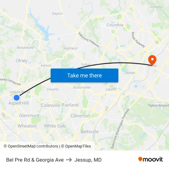 Bel Pre Rd & Georgia Ave to Jessup, MD map