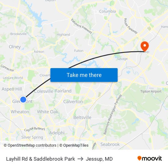 Layhill Rd & Saddlebrook Park to Jessup, MD map