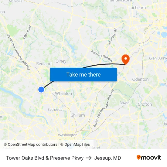Tower Oaks Blvd & Preserve Pkwy to Jessup, MD map