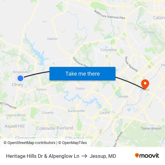 Heritage Hills Dr & Alpenglow Ln to Jessup, MD map