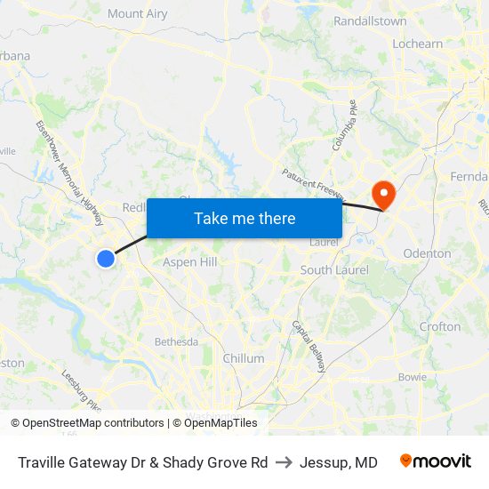 Traville Gateway Dr & Shady Grove Rd to Jessup, MD map