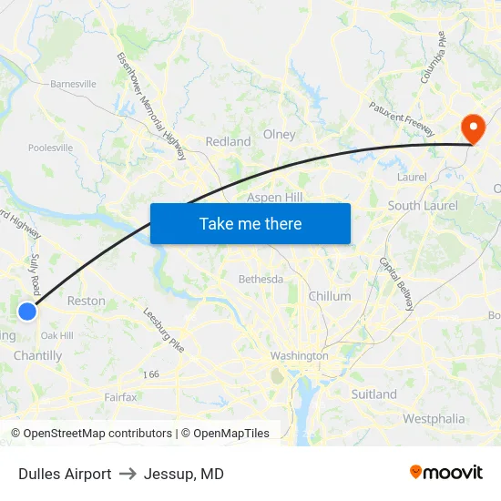 Dulles Airport to Jessup, MD map