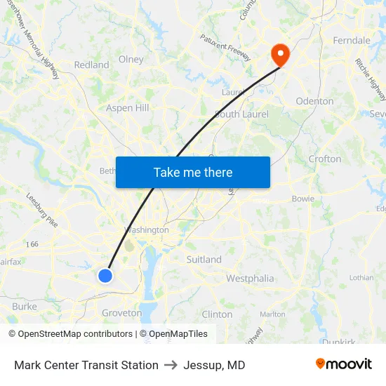 Mark Center Transit Station to Jessup, MD map
