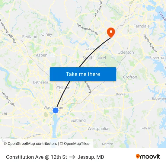Constitution Ave @ 12th St to Jessup, MD map