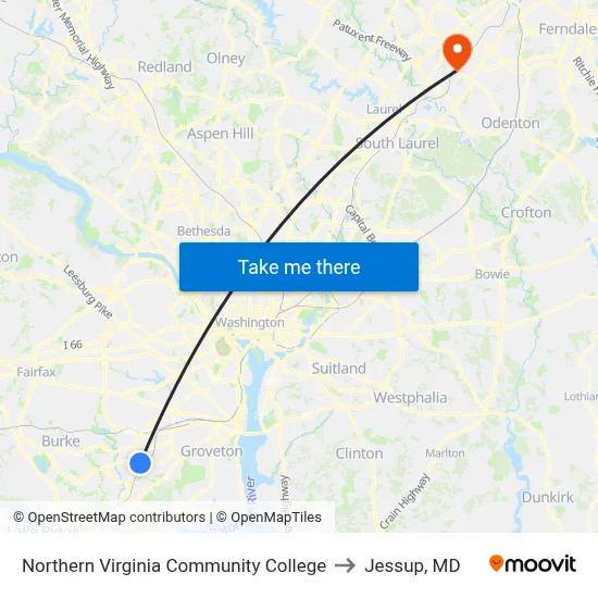 Northern Virginia Community College to Jessup, MD map