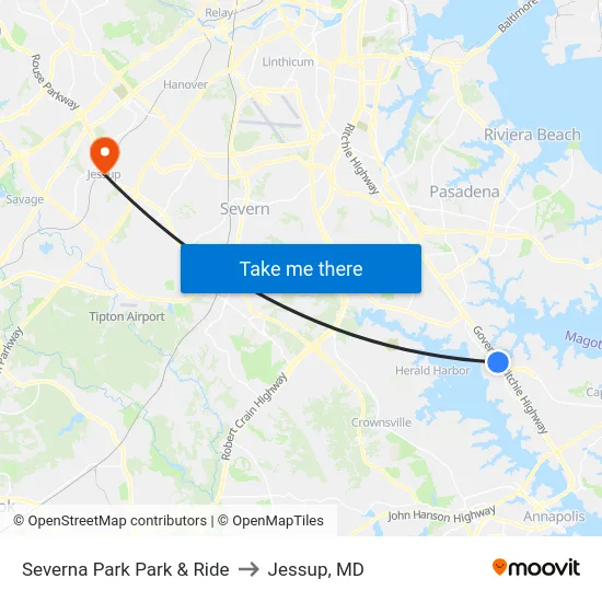Severna Park Park & Ride to Jessup, MD map
