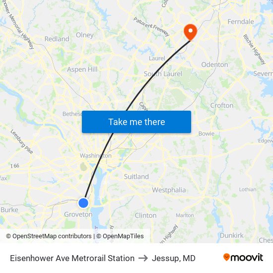 Eisenhower Ave Metrorail Station to Jessup, MD map