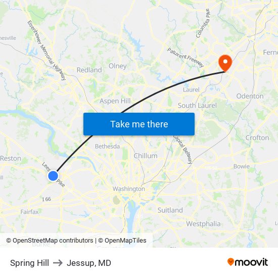 Spring Hill to Jessup, MD map