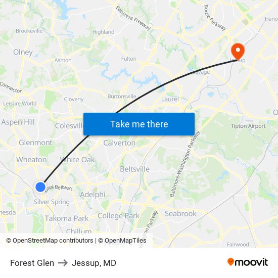 Forest Glen to Jessup, MD map