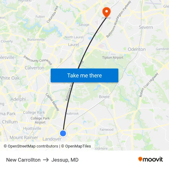 New Carrollton to Jessup, MD map