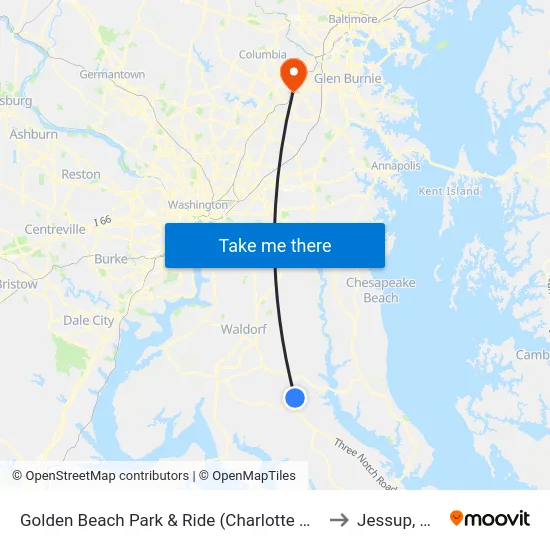 Golden Beach Park & Ride (Charlotte Hall) to Jessup, MD map