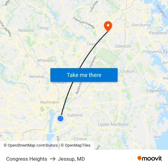 Congress Heights to Jessup, MD map