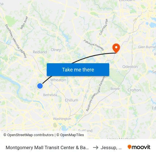 Montgomery Mall Transit Center & Bay A to Jessup, MD map