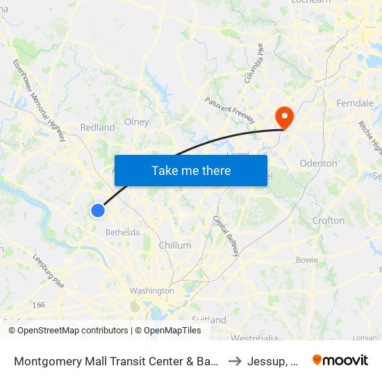 Montgomery Mall Transit Center & Bay B to Jessup, MD map