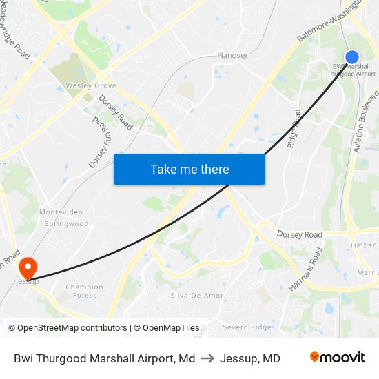 Bwi Thurgood Marshall  Airport, Md to Jessup, MD map