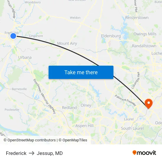 Frederick to Jessup, MD map