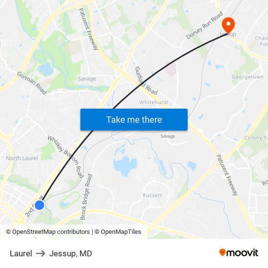 Laurel to Jessup, MD map