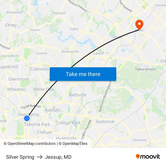 Silver Spring to Jessup, MD map