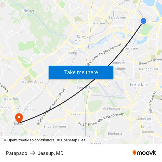 Patapsco to Jessup, MD map