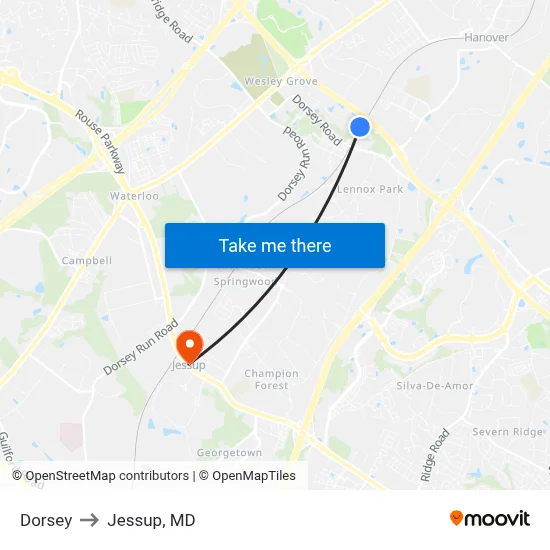 Dorsey to Jessup, MD map