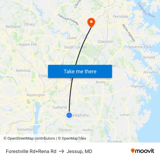 Forestville Rd+Rena Rd to Jessup, MD map