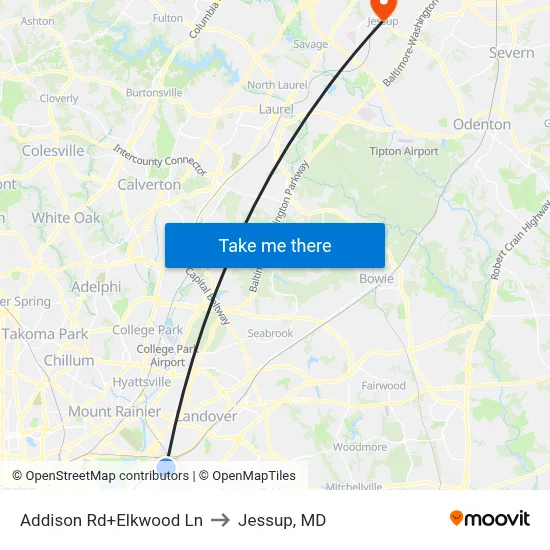 Addison Rd+Elkwood Ln to Jessup, MD map