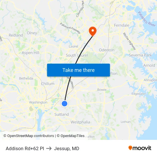 Addison Rd+62 Pl to Jessup, MD map