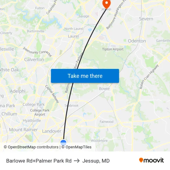 Barlowe Rd+Palmer Park Rd to Jessup, MD map