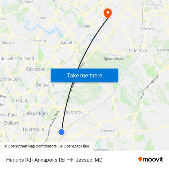 Harkins Rd+Annapolis Rd to Jessup, MD map
