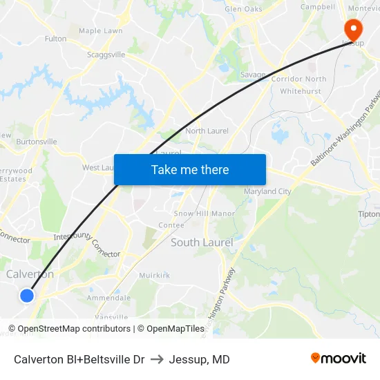Calverton Bl+Beltsville Dr to Jessup, MD map