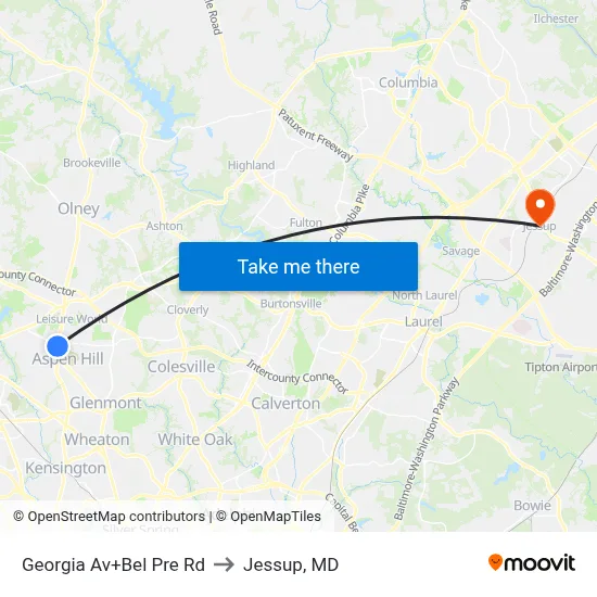 Georgia Av+Bel Pre Rd to Jessup, MD map