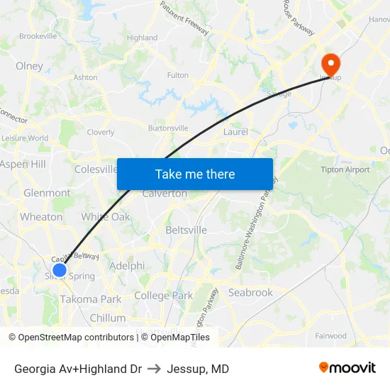Georgia Av+Highland Dr to Jessup, MD map
