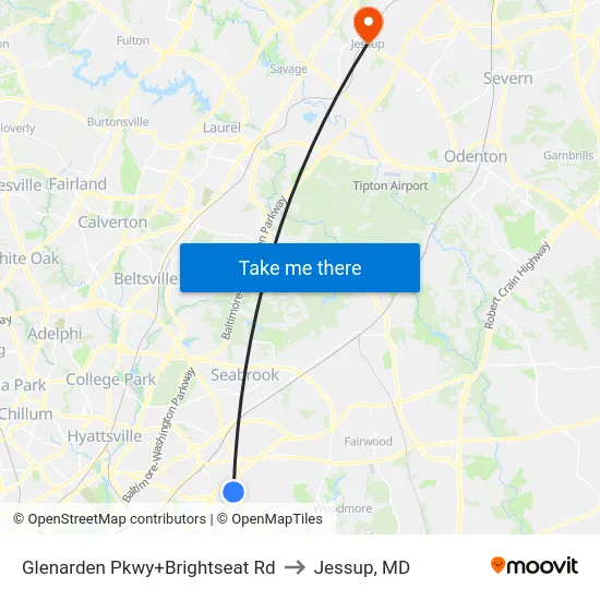 Glenarden Pkwy+Brightseat Rd to Jessup, MD map