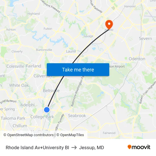 Rhode Island Av+University Bl to Jessup, MD map