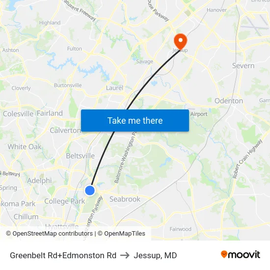 Greenbelt Rd+Edmonston Rd to Jessup, MD map