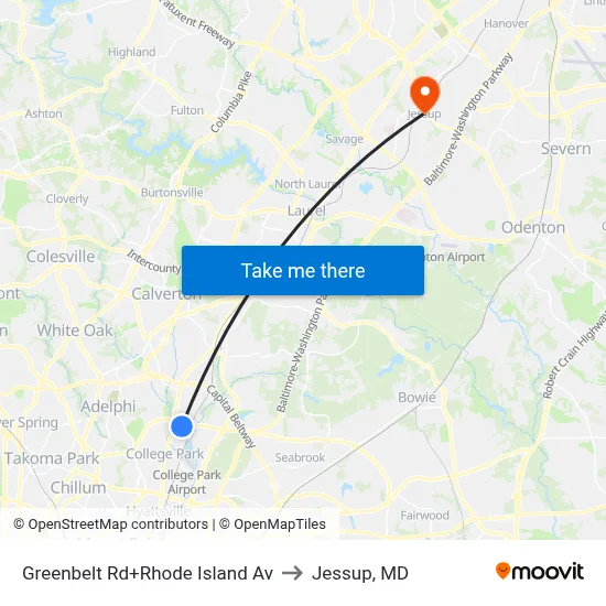 Greenbelt Rd+Rhode Island Av to Jessup, MD map