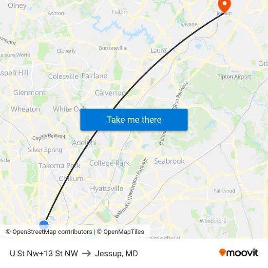 U St Nw+13 St NW to Jessup, MD map