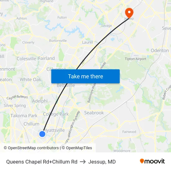 Queens Chapel Rd+Chillum Rd to Jessup, MD map
