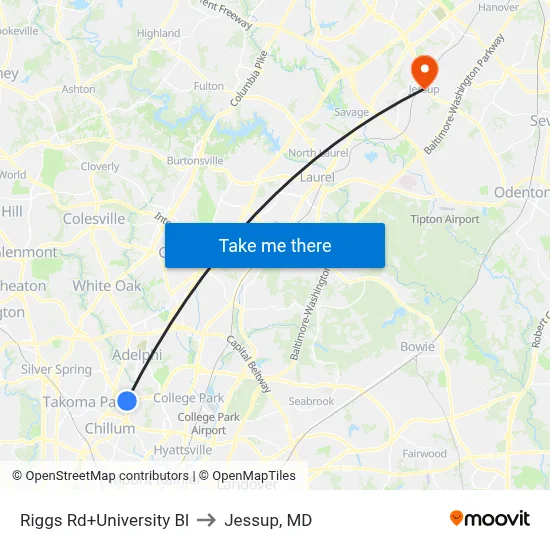 Riggs Rd+University Bl to Jessup, MD map