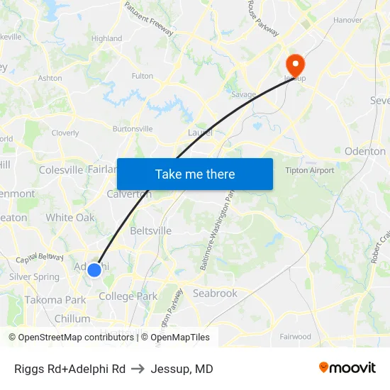 Riggs Rd+Adelphi Rd to Jessup, MD map