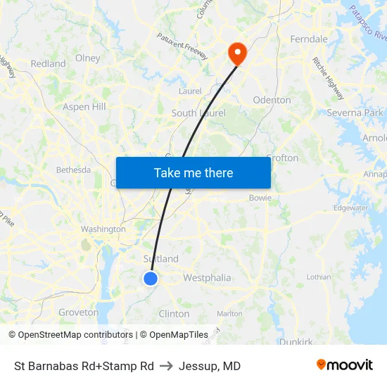 St Barnabas Rd+Stamp Rd to Jessup, MD map