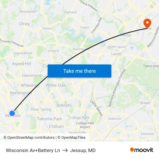 Wisconsin Av+Battery Ln to Jessup, MD map