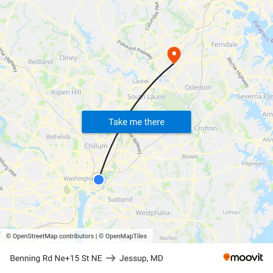 Benning Rd Ne+15 St NE to Jessup, MD map