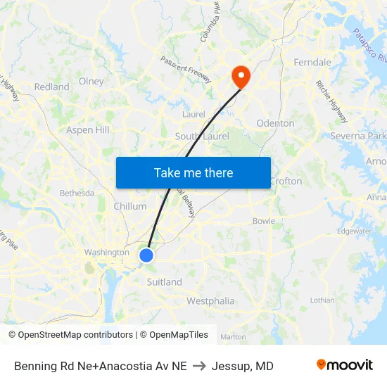 Benning Rd Ne+Anacostia Av NE to Jessup, MD map