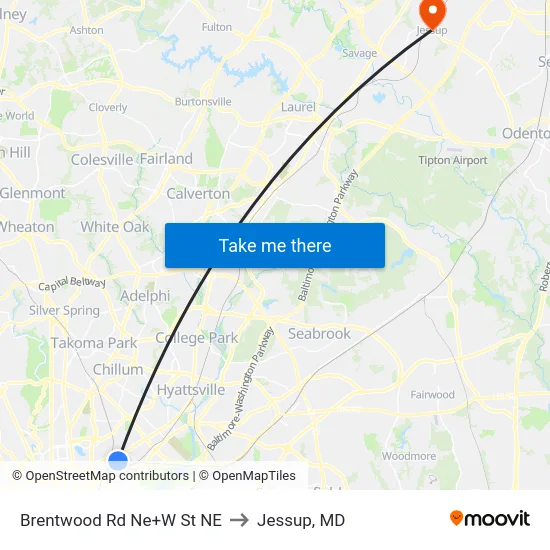 Brentwood Rd Ne+W St NE to Jessup, MD map