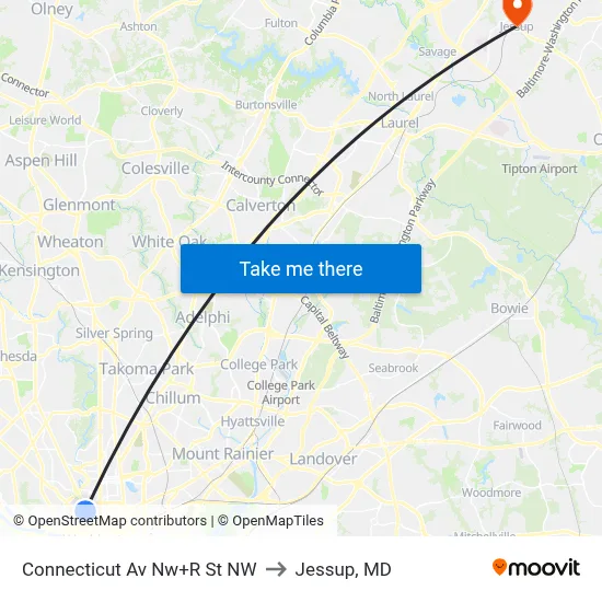 Connecticut Av Nw+R St NW to Jessup, MD map