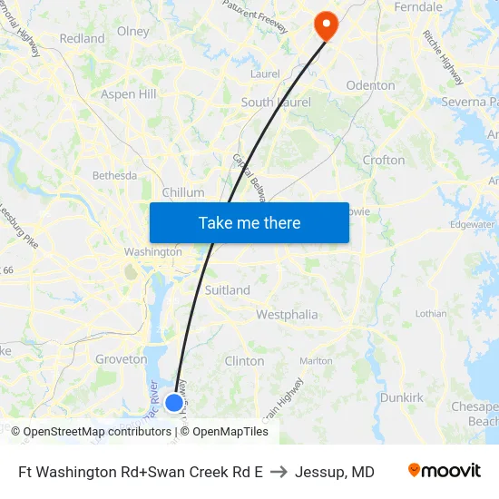 Ft Washington Rd+Swan Creek Rd E to Jessup, MD map