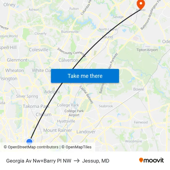 Georgia Av Nw+Barry Pl NW to Jessup, MD map