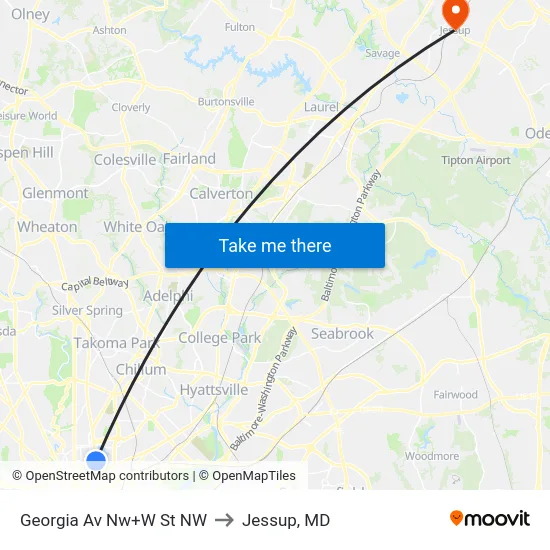 Georgia Av Nw+W St NW to Jessup, MD map